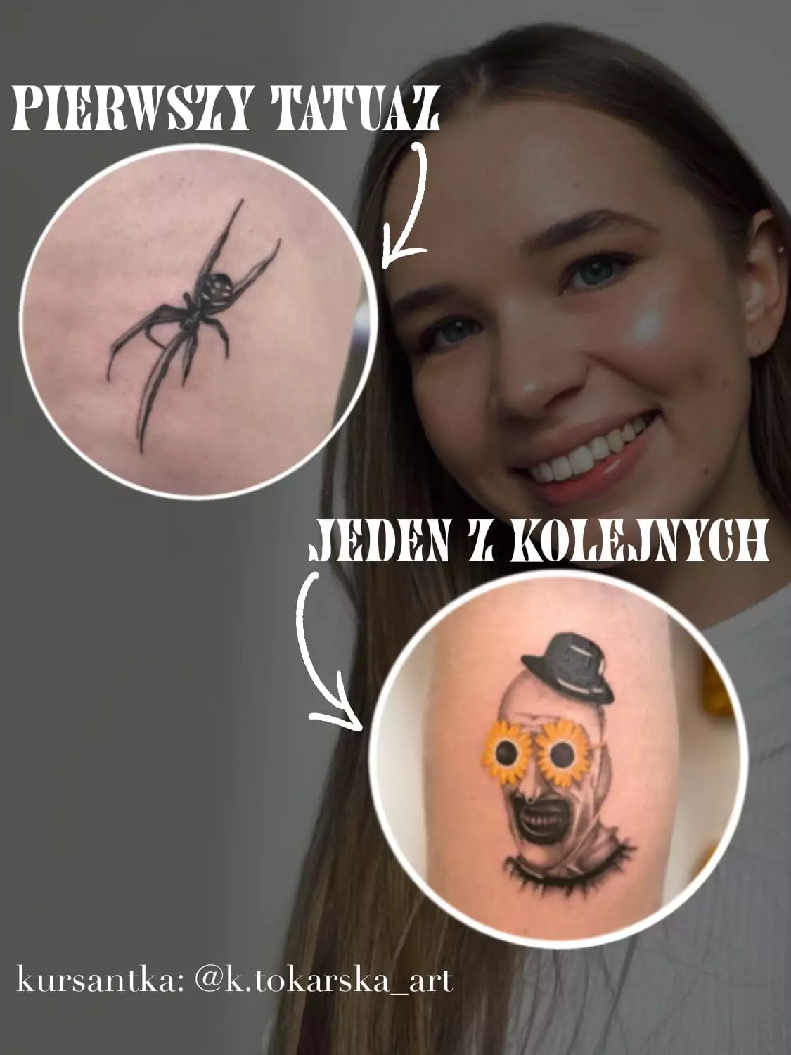 Pierwszy tatuaż – pająk, wykonany na kursie tatuażu w studiu Leśny Szept Warszawa przez kursantkę