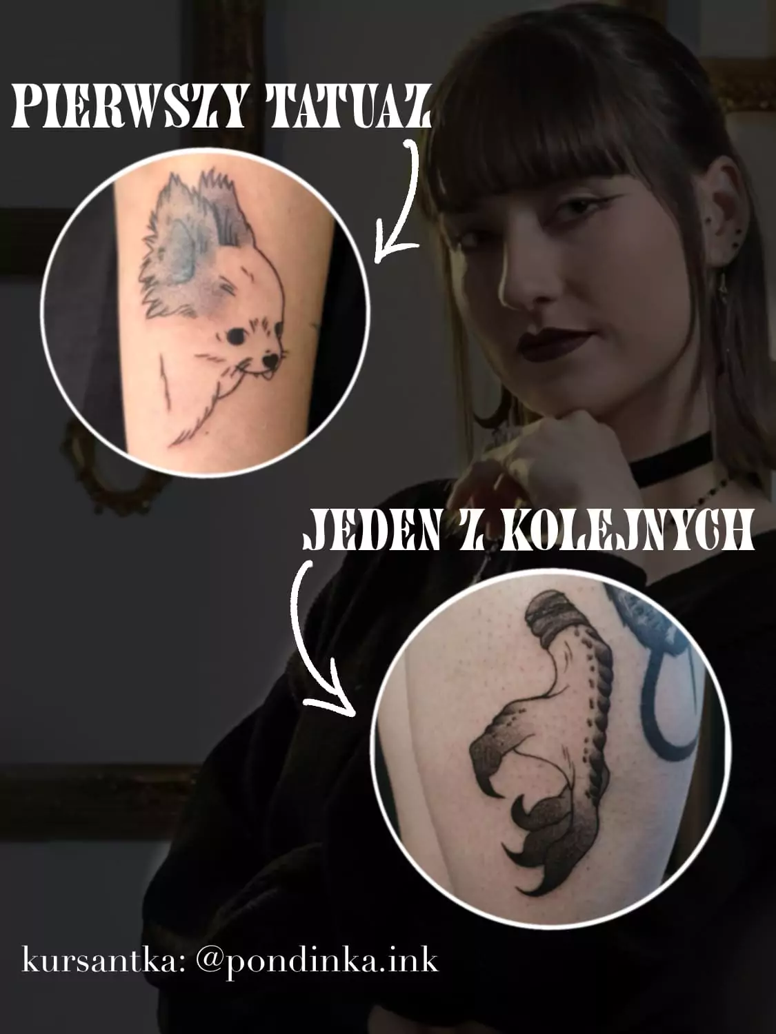 Pierwszy tatuaż – piesek, wykonany przez kursantkę podczas kursu tatuażu w Leśny Szept Tattoo Warszawa