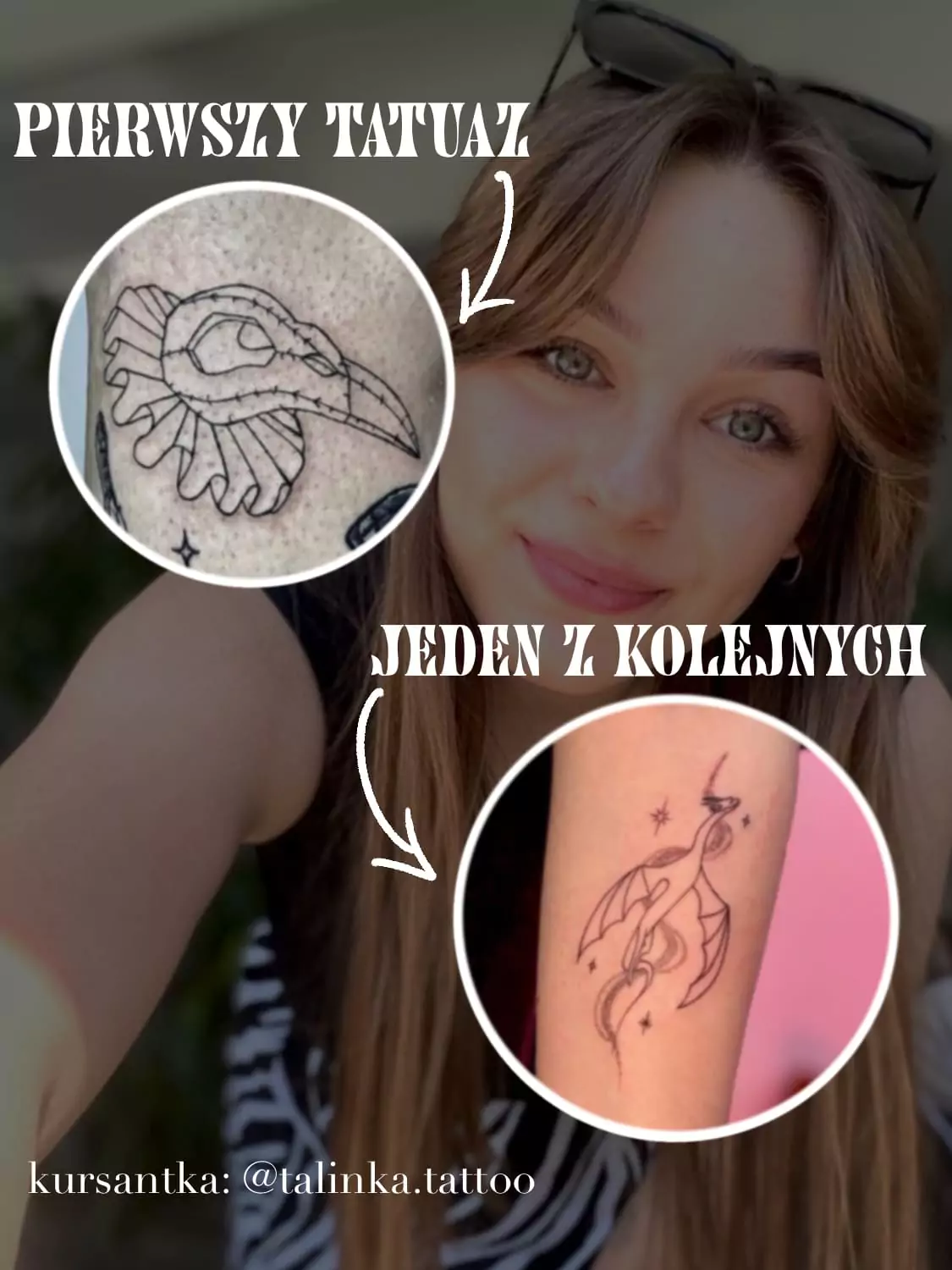 Pierwszy tatuaż – czaszka ptaka, wykonany przez kursantkę w ramach kursu tatuażu w Leśny Szept Warszawa