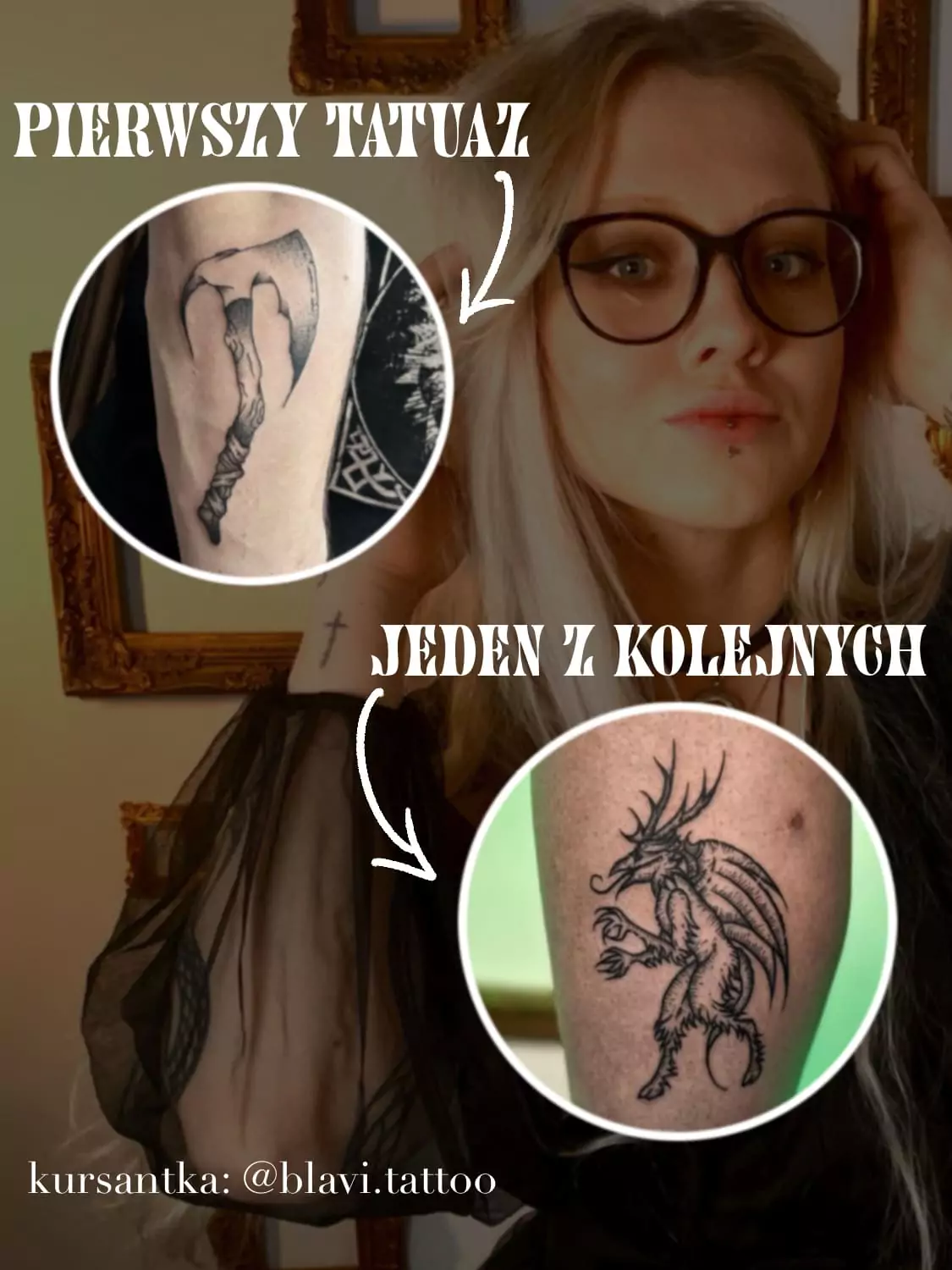 Pierwszy tatuaż – topór, wykonany przez kursantkę na kursie tatuażu w studiu Leśny Szept Warszawa