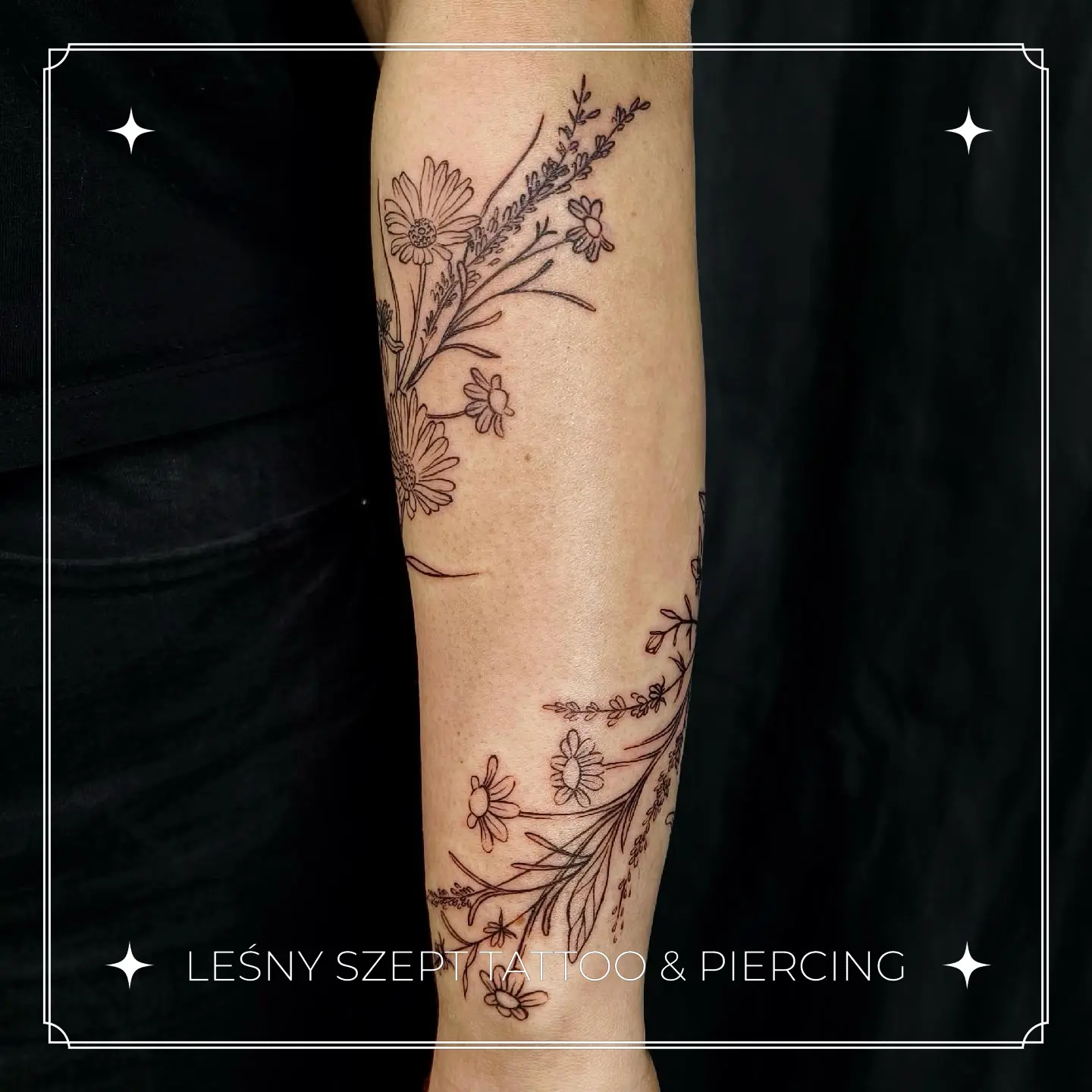 Tatuaż rumianków i ziół w cienkiej kresce na przedramieniu